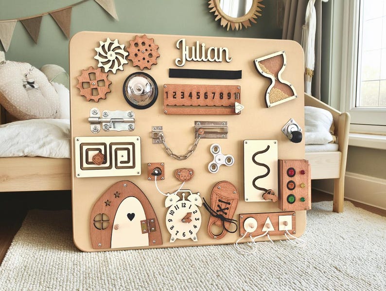 Personalized Busy Board - Montessori Board For Toddler - Activity Board For 1 Year Old - Educational Sensory Board 1st Birthday Gift Wooden image 3