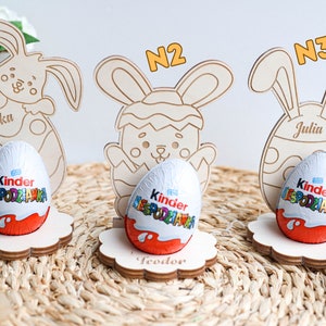 Décor personnalisé doeufs de lapin de Pâques Cadeau de Pâques pour enfants Cadeau de Pâques pour bébé Cadeau de lapin en bois Étiquette porte-crème Bunny Treat Kinder Hunt Cadeaux image 5