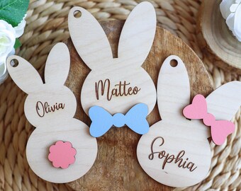 Decorazioni pasquali personalizzate Regalo di Pasqua per bambini, regalo di Pasqua per bambini, Etichette per cestini di Pasqua Etichetta personalizzata per decorazione regalo con coniglietto di Pasqua in legno