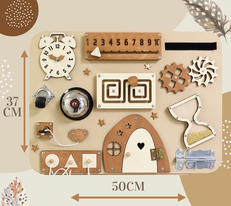 May include: A beige wooden busy board with various activities for toddlers, including a clock, a bell, a latch, a sliding door, a shape sorter, a number line, gears, and an hourglass. The board measures 37 cm by 50 cm.