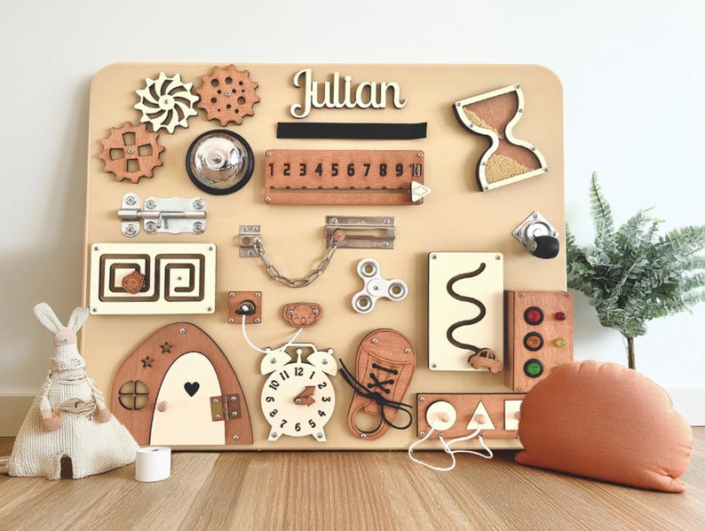 Personalized Busy Board - Montessori Board For Toddler - Activity Board For 1 Year Old - Educational Sensory Board 1st Birthday Gift Wooden image 2
