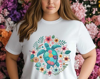 Boho Sea Turtle Floral T-Shirt: Beachy Ocean Graphic Tee
