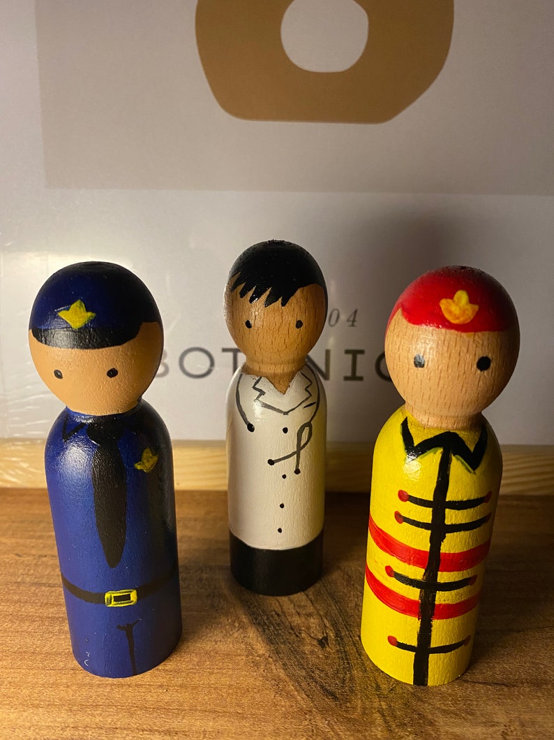 Profession Peg Doll Set, First Responders, Community Workers, Career Peg Dolls, Toddler Gift, Chef, Fireman, Police Officer, Doctor image 5
