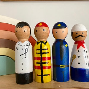 Profession Peg Doll Set, First Responders, Community Workers, Career Peg Dolls, Toddler Gift, Chef, Fireman, Police Officer, Doctor image 1