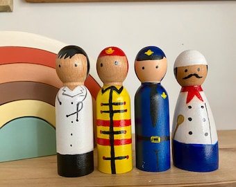 Profession Peg Doll Set, First Responders, Community Workers, Career Peg Dolls, Toddler Gift, Chef, Fireman, Police Officer, Doctor