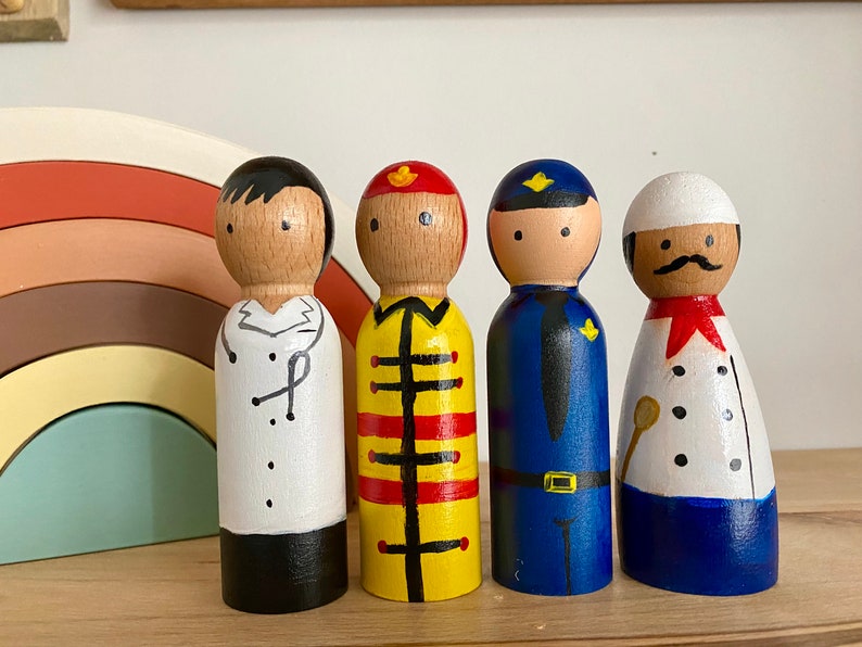 Profession Peg Doll Set, First Responders, Community Workers, Career Peg Dolls, Toddler Gift, Chef, Fireman, Police Officer, Doctor image 1