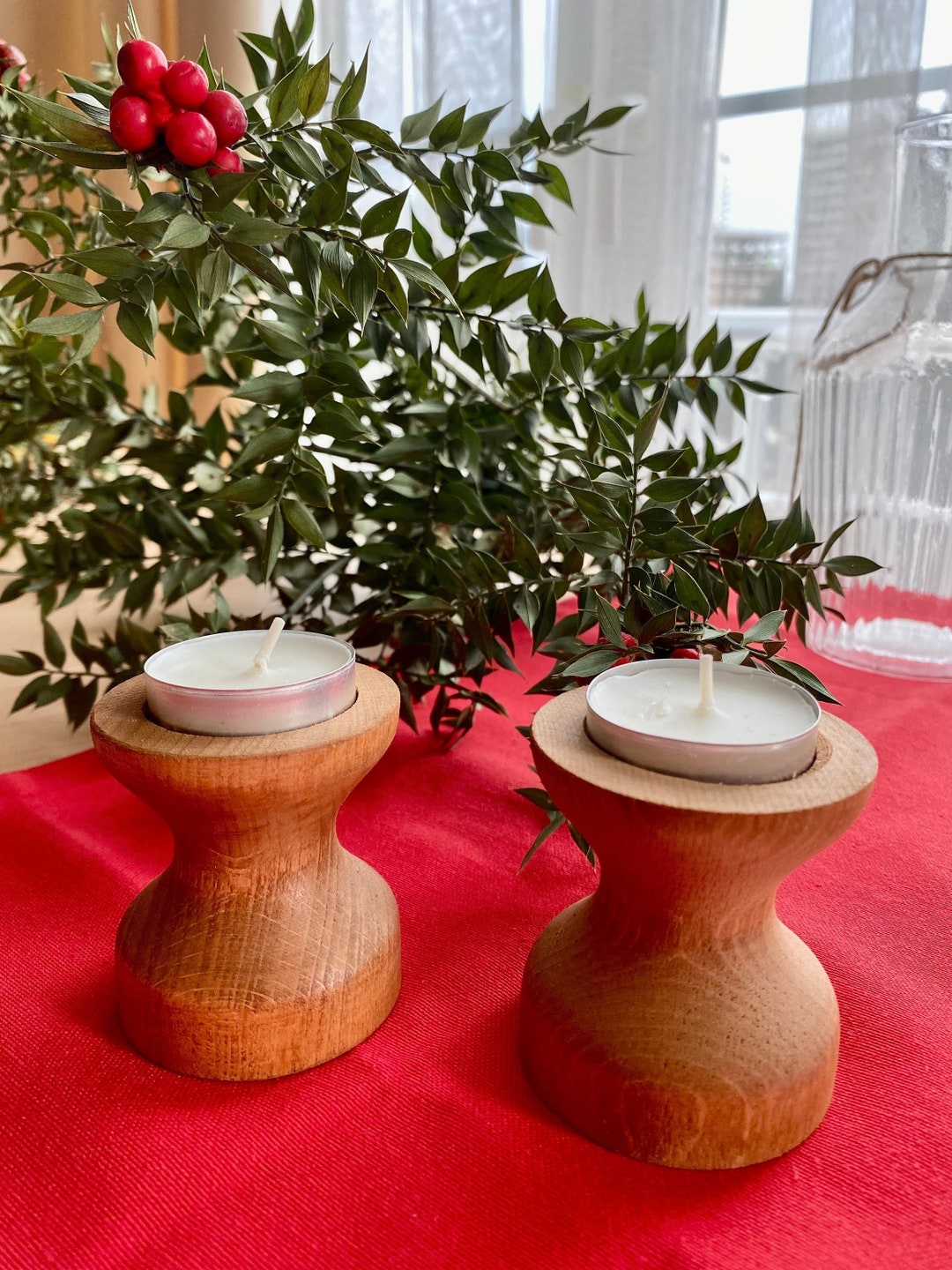 Wooden Candle Holder Set of 2, Table Centerpiece for Mother Days Gift, Handmade Tealight Holder