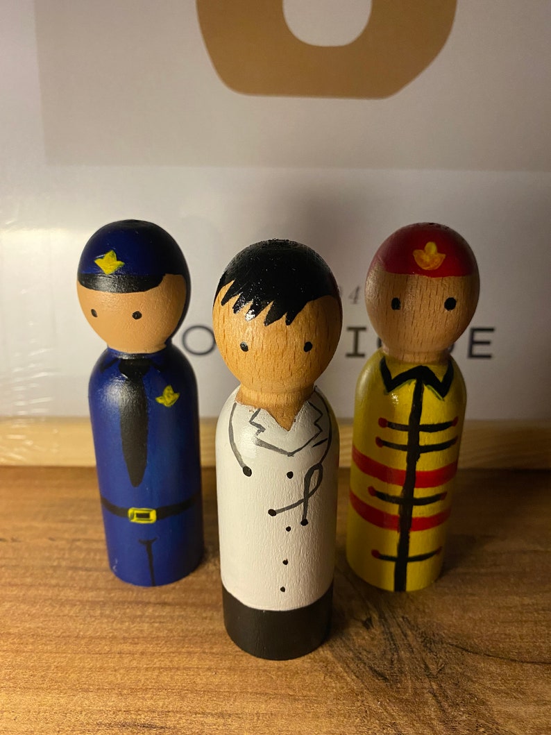 Profession Peg Doll Set, First Responders, Community Workers, Career Peg Dolls, Toddler Gift, Chef, Fireman, Police Officer, Doctor image 4