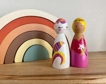 Unicorn and Princess Peg Doll Set, Kids Room Decor, Unicorn Decor, Colorful Peg Doll, Christmas Gift, Hand Painted, Nursery Decor, Gift Kids
