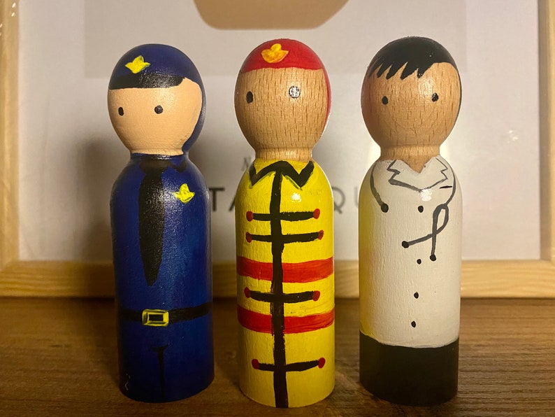 Profession Peg Doll Set, First Responders, Community Workers, Career Peg Dolls, Toddler Gift, Chef, Fireman, Police Officer, Doctor image 3