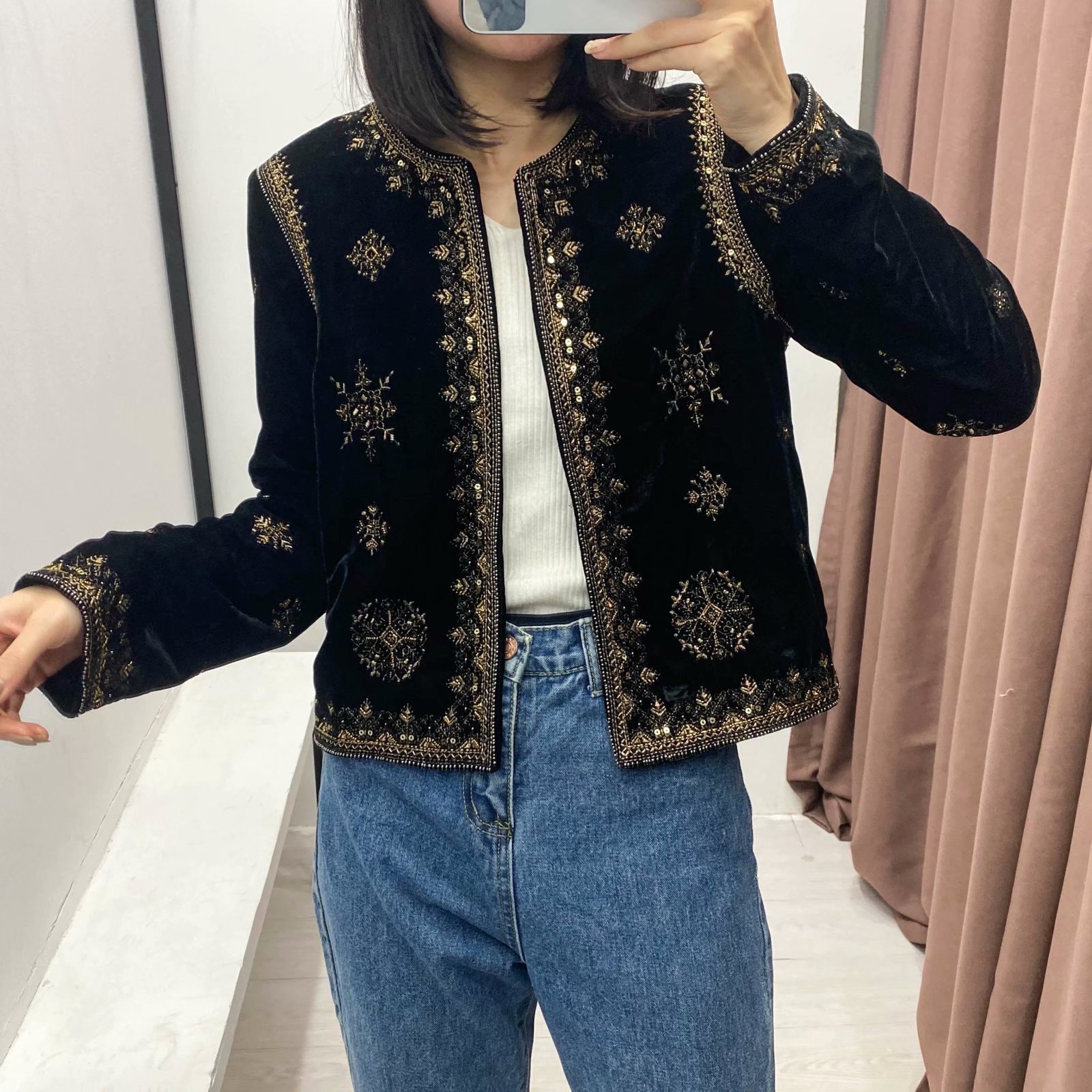 Women Velvet Stylish Jacket Retro Embroidered Velvet Jacket Embroidery