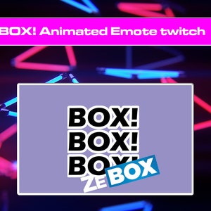 May include: Animated Twitch emote featuring the word "BOX!" repeated four times in a stacked format, with the last "BOX" in a larger size and a blue background.