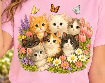 Kitten PNG | Floral Cat T Shirt Design | Kitten Garden Sublimation