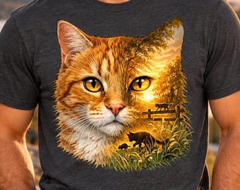 Orange Tabby Cat PNG, Double Exposure Sunset Shirt Design