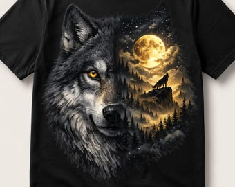 Big Face Wolf Tshirt Design PNG Moonlit Forest Portrait Art