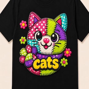 Patchwork Kitten PNG | Retro Y2K Neon Cat T-Shirt Design (Digital Download)