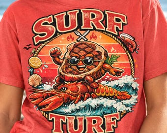 Surf and Turf PNG, Retro Steak and Lobster Shirt Design