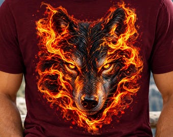 May include: A maroon short-sleeved t-shirt featuring a graphic print of a wolf head surrounded by bright orange and yellow flames. The wolf has intense yellow eyes and detailed fur, with the fire swirling around its face and ears.