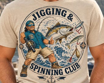 Jigging Fishing PNG, Spinning Club Shirt Design, Retro Angler