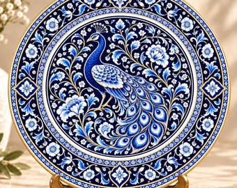 May include: A round decorative plate featuring a central peacock illustration surrounded by intricate blue and white floral patterns. The plate has a gold-toned rim and is displayed on a gold-coloured metal stand, showcasing detailed scrollwork.