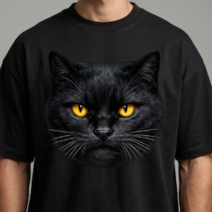 Big Face Black Cat Tshirt Design PNG - close-up amber eyes portrait with transparent background