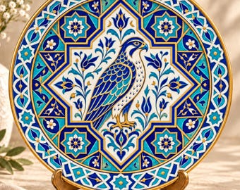 May include: A round decorative plate featuring a central illustration of a falcon surrounded by blue and white floral patterns and geometric star motifs. The plate has a gold-toned rim and is displayed on a gold-toned metal stand.