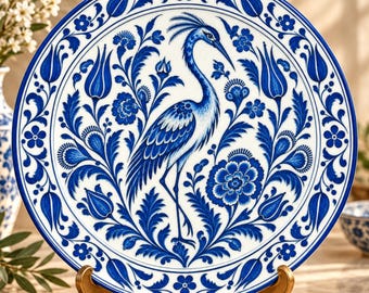 May include: A round ceramic decorative plate featuring a central blue and white illustration of a crane surrounded by intricate floral and leaf patterns. The border displays a repeating motif of small flowers and stylised tulip buds.