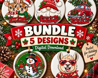 May include: A set of five round Christmas ornaments featuring festive illustrations: two deer with the text Deer Friend Merry Christmas, a gnome with Gnome for the Holidays, a red car with Loaded Up for Christmas, a snowman with Let It Snowman, and a llama with Fa La La La Llama.