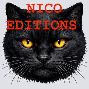 Big Face Black Cat Tshirt Design transparent PNG layered over colored fabric swatches