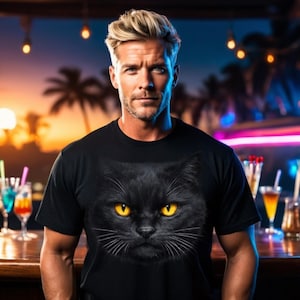 Big Face Black Cat Tshirt Design close-up of glowing eyes and fur texture detail