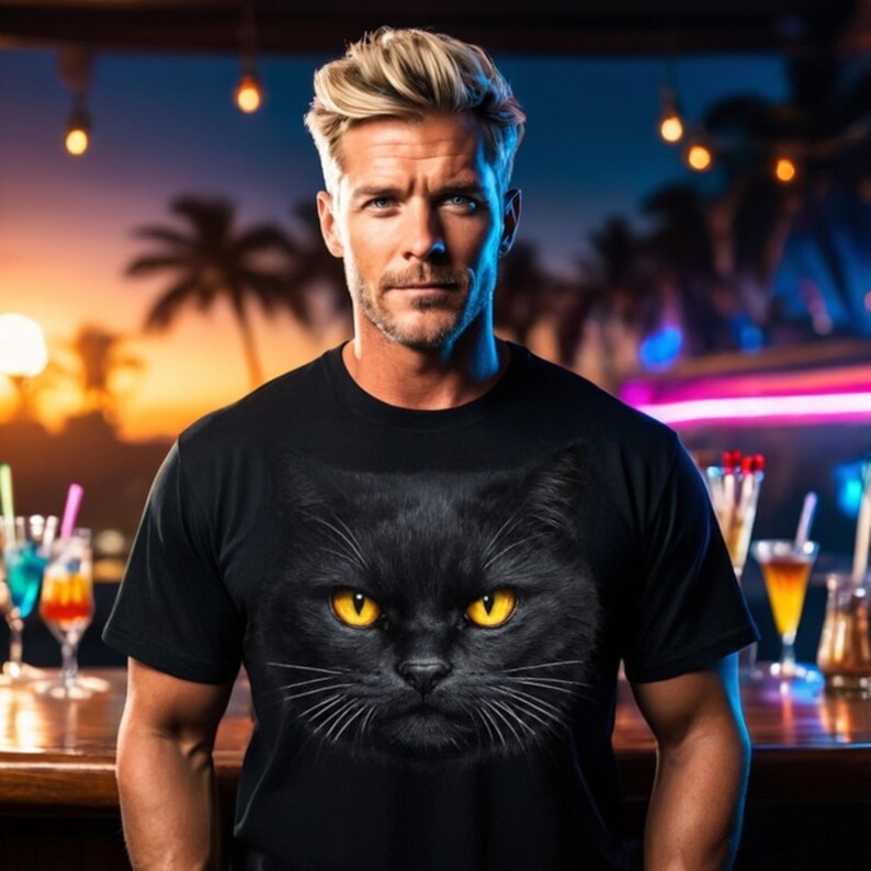 Big Face Black Cat Tshirt Design close-up of glowing eyes and fur texture detail