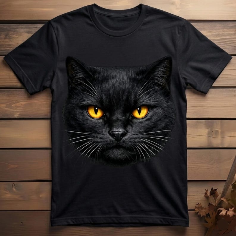 Big Face Black Cat Tshirt Design shown on folded apparel with cat lover accessories