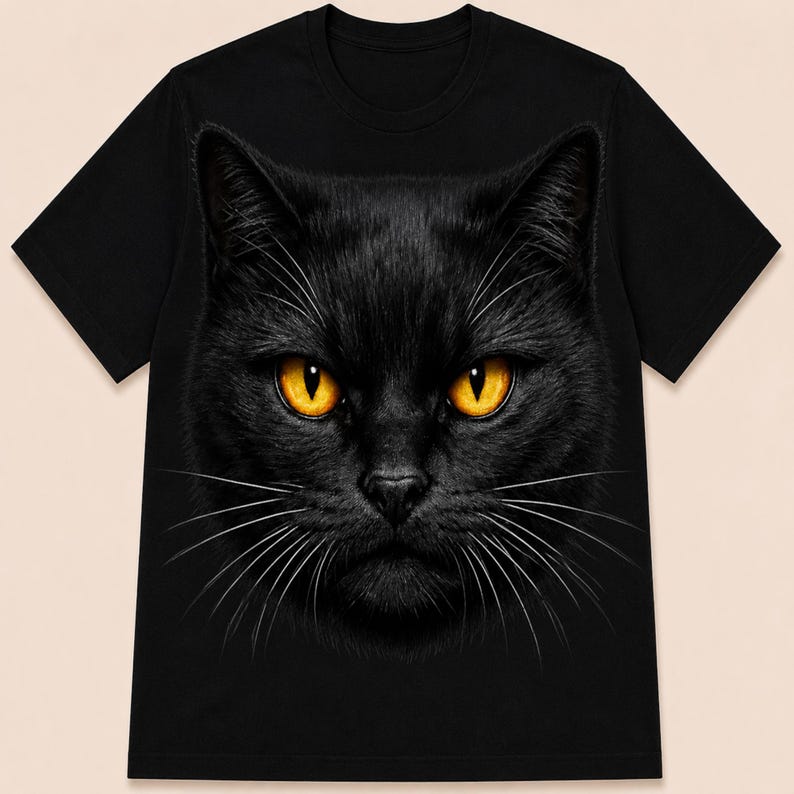 Black T-shirt featuring a realistic black cat face with glowing amber eyes in a centered portrait composition on a clean cream studio background.
