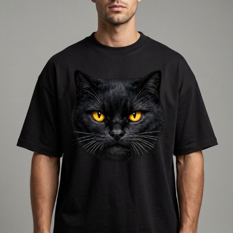Big Face Black Cat Tshirt Design PNG - close-up amber eyes portrait with transparent background