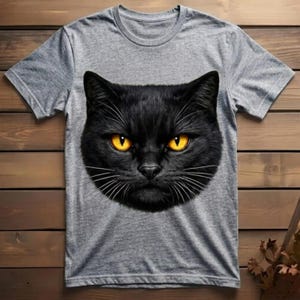 Striking graphic illustration of a fierce black cat with vibrant yellow eyes, perfect for edgy streetwear t-shirt designs and gothic apparel.
