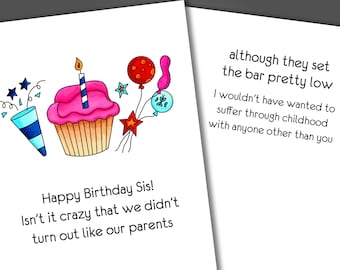 Funny Sister Birthday Card, Watercolor Design