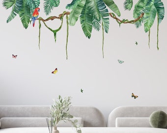 Jungle Green Leaf Wall Stickers,  Safari Decals, Parrot Watercolour, Living Room Vinyl Set, Home Decor - Nursey, Kids Room, Baby