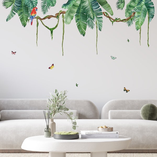 Jungle Green Leaf Wall Stickers,  Safari Decals, Parrot Watercolour, Living Room Vinyl Set, Home Decor - Nursey, Kids Room, Baby