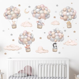Safari, Woodland Theme Wall Stickers,  Hot Air Balloon Decals, Stars Nursery Vinyl Set, Baby Room Decor, Clouds & Animals Stickers