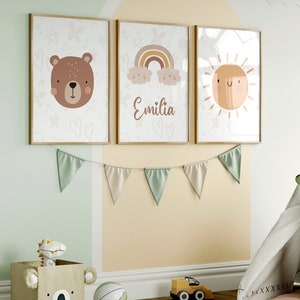 Boho Nursery Prints, Baby Room Decor, A4/A5 Childs Name, Bear, Sun, Rainbow, Cloud - Premium Quality Nursery Print Set - Baby Shower Gift