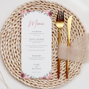 Menús impresos para bodas con temática floral, vegetación clásica, flores rosas, blancas y salvia, tarjetas de menú, papelería para bodas - 99x210 mm
