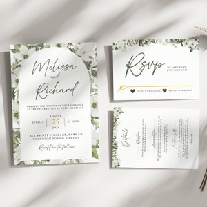 Greenery Wedding Suite, White Flowers Invitation, RSVP Card, Details , Personalised 5x7 Wedding Invites, Instant Download Template