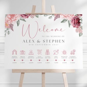 Wedding Welcome Sign with Order of the Day, Pink Flowers, Personalised Wedding Floral Timeline Board - A0 / A1 / A2 / A3 / A4 - Printed