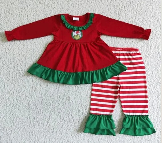 Girls Boutique Christmas Grinch 2 Piece Set Shirt Ruffled Bell Pants Etsy