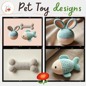 May include: Three crocheted pet toys: a bone, a fish, and a bunny. The bone is beige, the fish is blue and pink, and the bunny is blue and pink. The toys are all made with a soft, textured yarn.