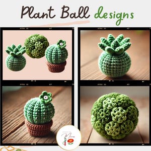 Può includere: Quattro modelli di sfere di piante all'uncinetto. I modelli includono un cactus, una succulenta e due diversi tipi di piante a sfera verde. Le piante sono tutte in piccoli vasi marroni.