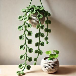 May include: Two crocheted hanging planters with green leaves. The larger planter is hanging from the ceiling and the smaller planter is sitting on a wooden surface.