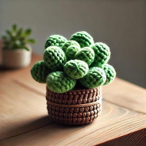 May include: A crocheted succulent plant in a brown crocheted pot. The plant is green and has a cluster of round leaves.