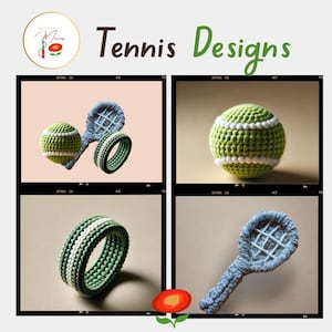 Puede incluir: Diseños de pelota y raqueta de tenis de crochet. La pelota es verde con costuras blancas y la raqueta es azul con red blanca. También hay un anillo de crochet verde y blanco.