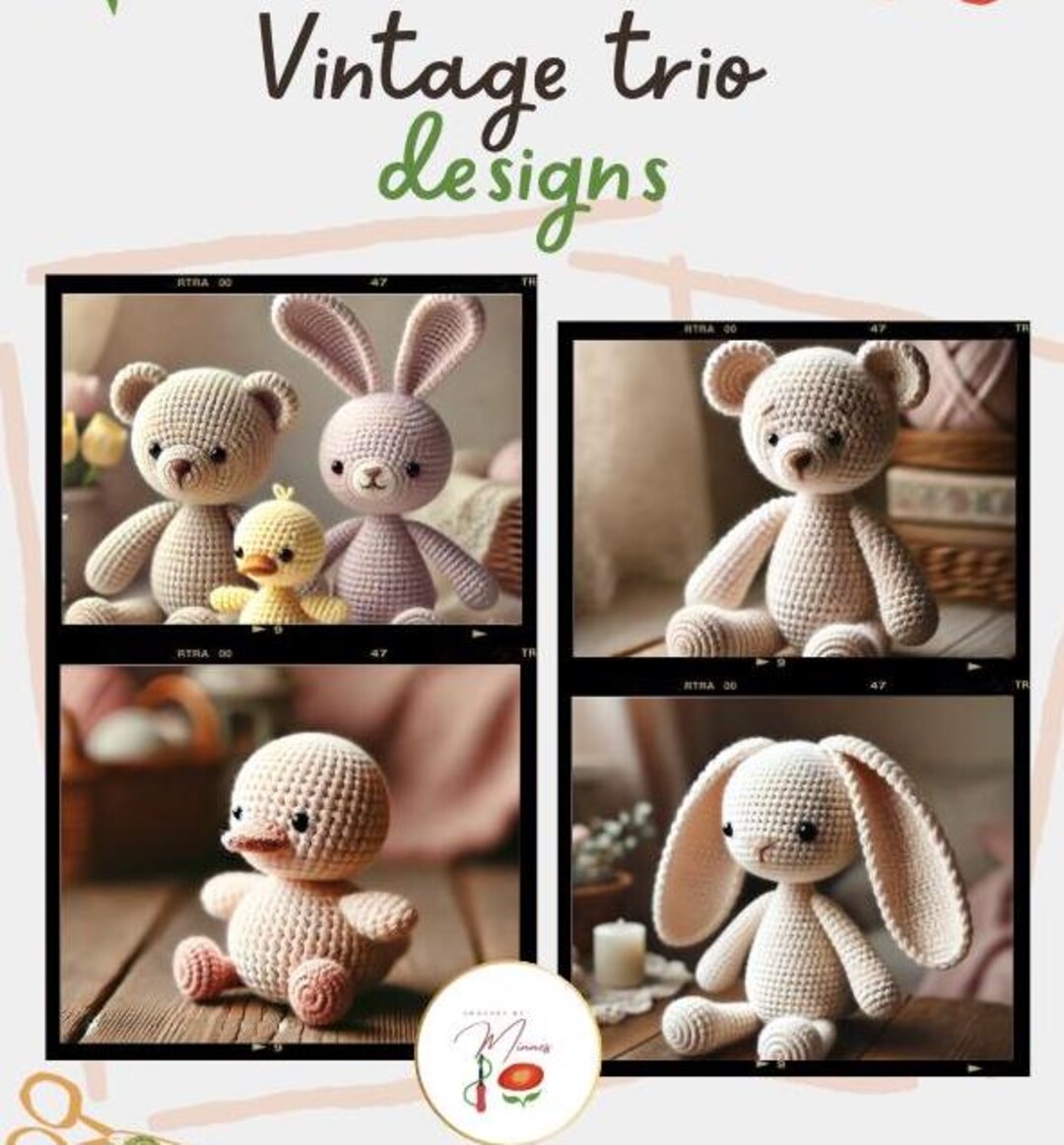 Vintage Inspired Amigurumi Trio Crochet Pattern - Bunny, Chick and Bear ...